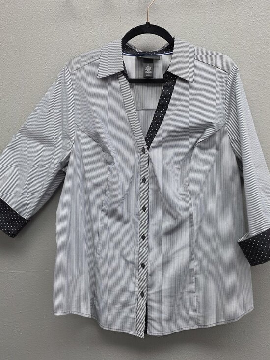 Lane Bryant Shirt Womens 20 Black White Stripe 3/4 Sleeve Button Front Stretch - Picture 1 of 8